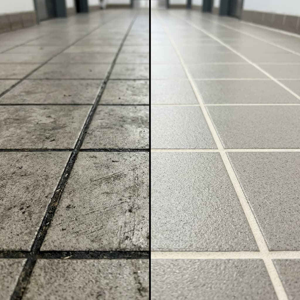 Before and after of commercial tile and grout deep cleaning