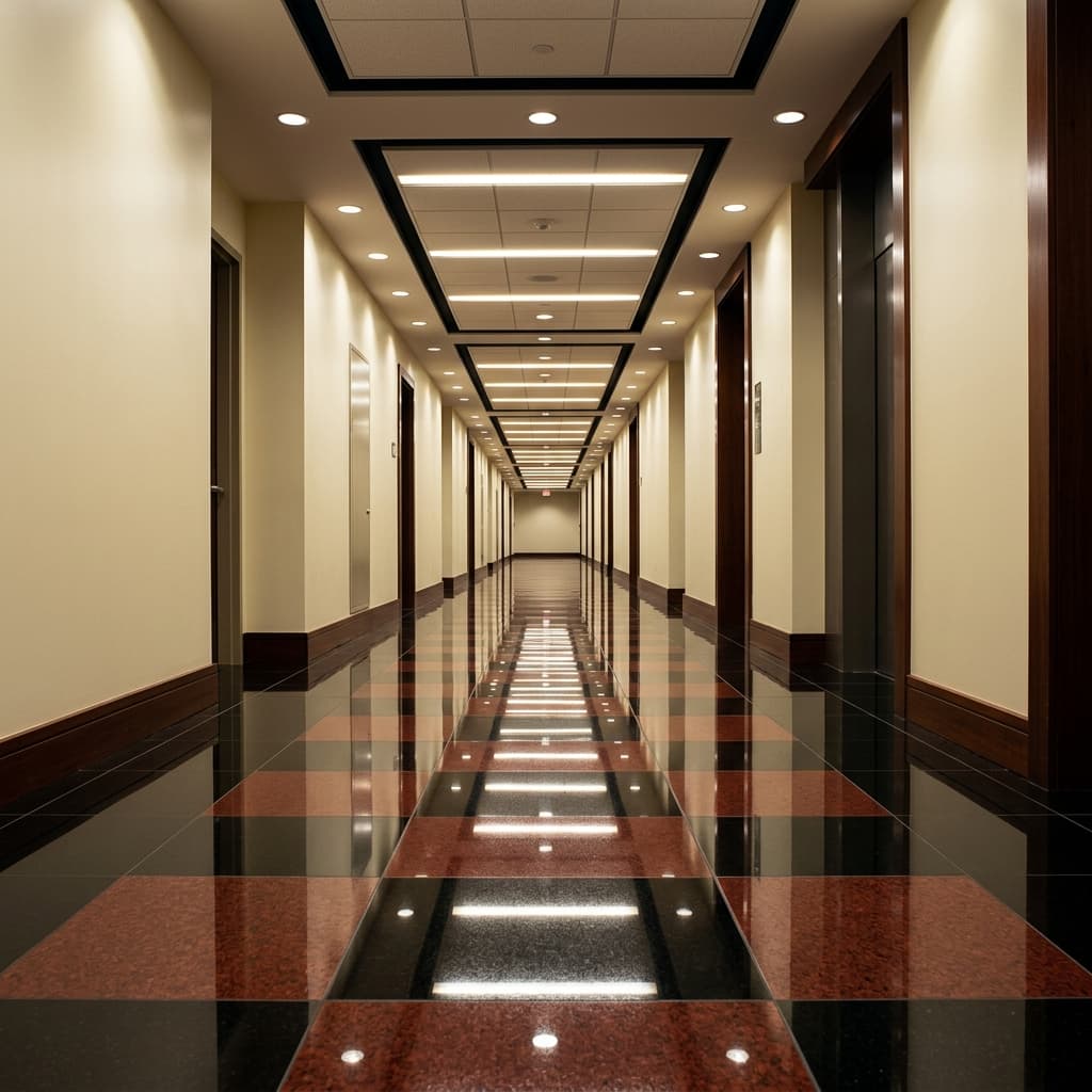 Glossy mirror-finish commercial hallway floor