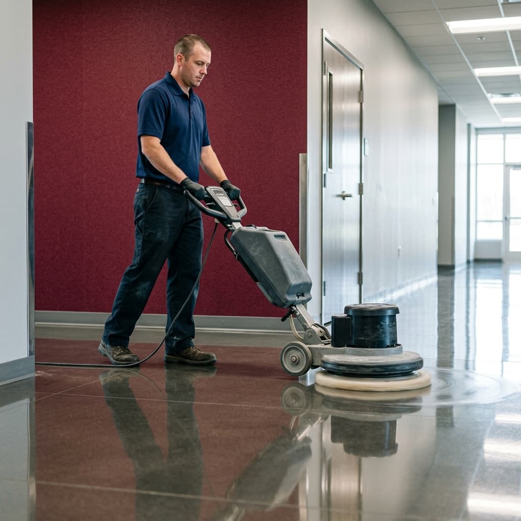 Technician burnishing a commercial floor to a high gloss