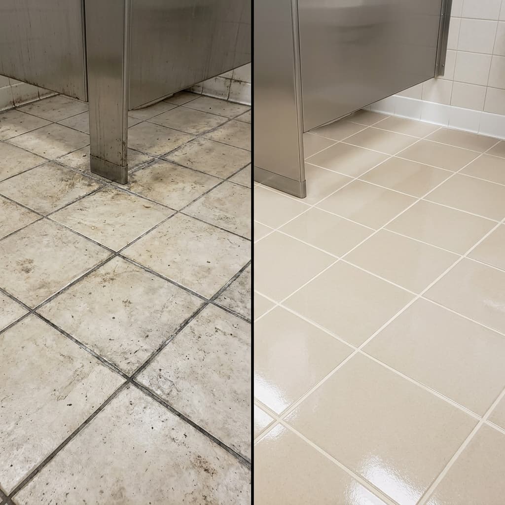 Before and after of a restroom tile floor restored