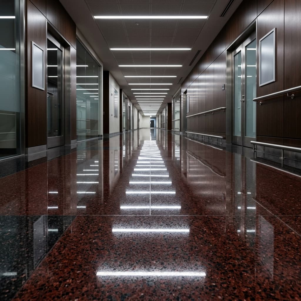 High-gloss polished commercial corridor floor