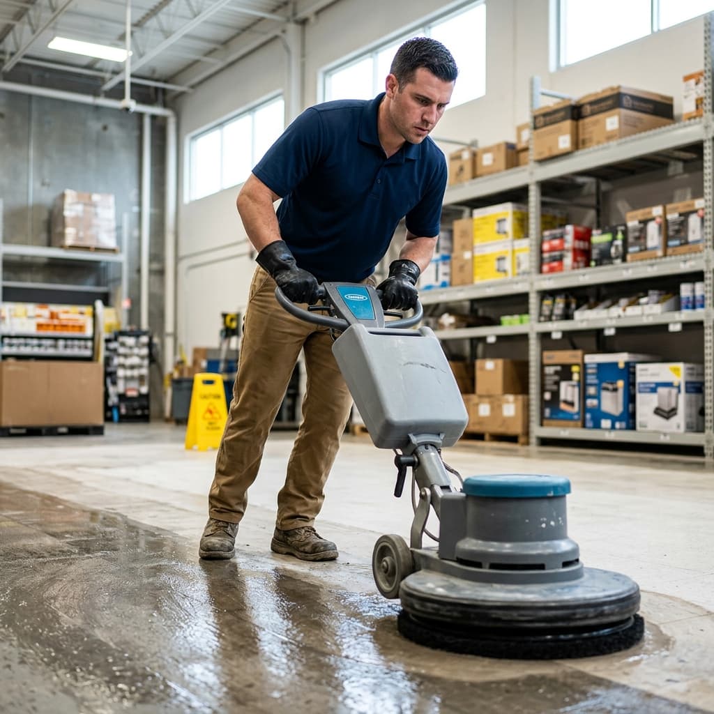Gauses Cleaning professional operating a floor stripping machine