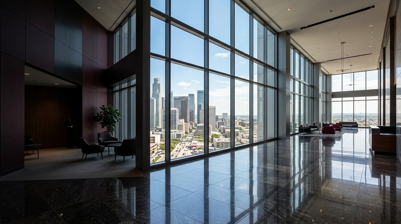 Modern commercial building lobby with city views — Gauses Cleaning service area